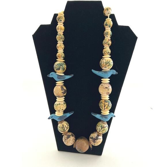 Chunky Ethnic Wood Blue Bird Fetish Bead Necklace Turquoise & Brown​ & Earrings - Picture 3 of 4